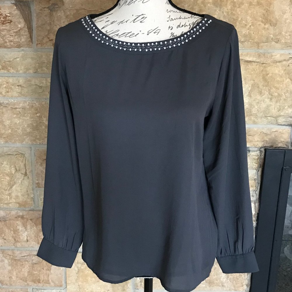 Loft Gray Top with Pearl Neckline